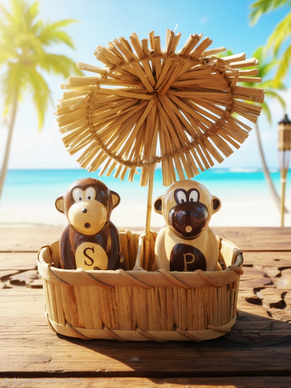 Vintage Monkey Salt & Pepper Shakers with Tiki Hut Caddy Brand New